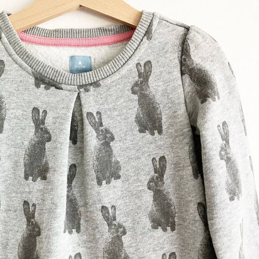 babyGap Outlet Rabbit Print Dress Girls Sz 4 Gray Long Sleeve Bunny A Line